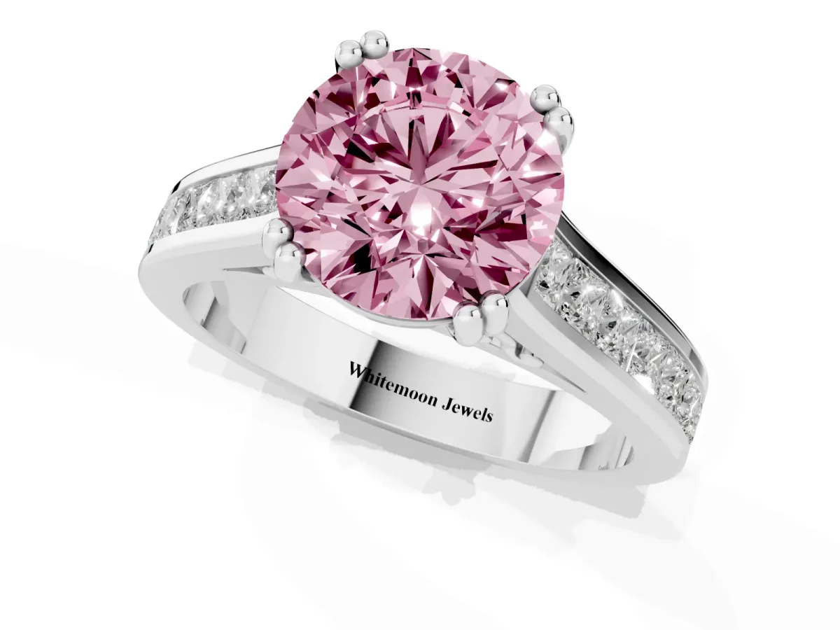 Fancy Pink Round Cut Cut Channel Set Solitaire Engagement Ring with Prong Setting Platinum
