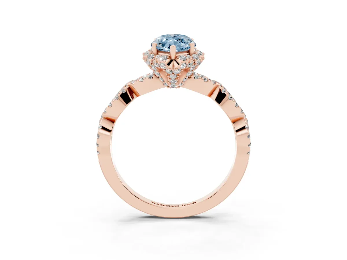 Fancy Blue Marquise Cut Halo Twist Band Solitaire Ring with Six-Prong Setting Rose gold