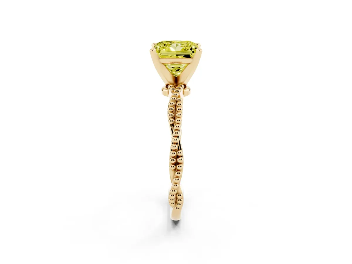 Fancy Yellow Princess Cut Solitaire Twisted Band with Bead Prong Setting Yellow gold