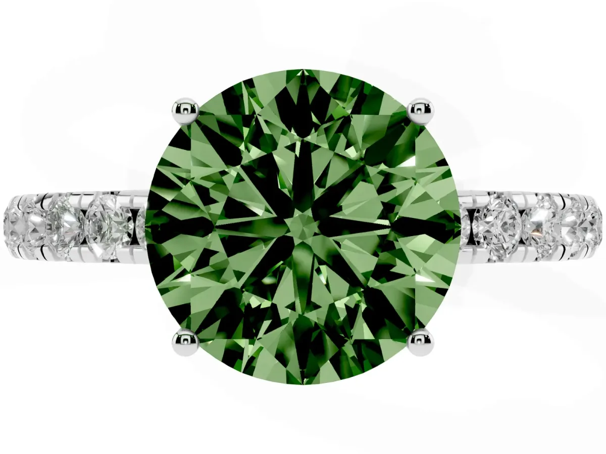 Fancy Green Round Cut Diamond Pavé Solitaire Engagement Ring with Four-Prong Setting Silver