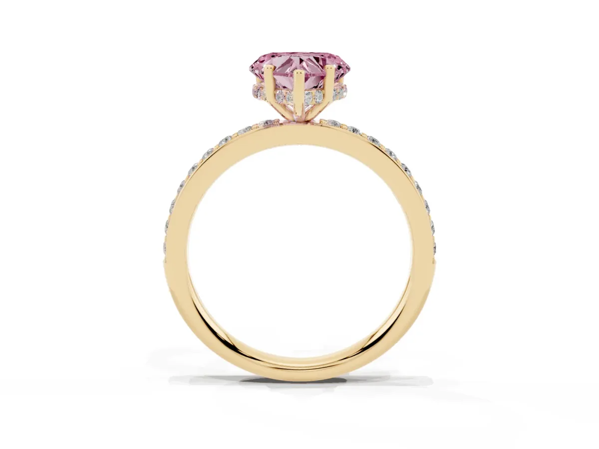 Fancy Pink Heart Cut Cut Diamond Pavé Band Ring with Four-Prong Setting Yellow gold