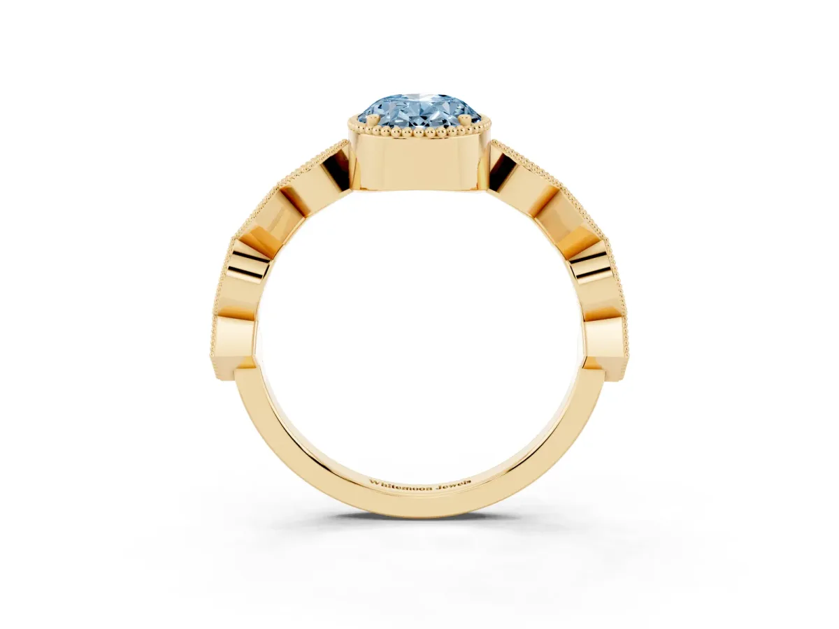 Fancy Blue Oval Cut Milgrain Marquise Diamond Twist Band Ring Yellow gold