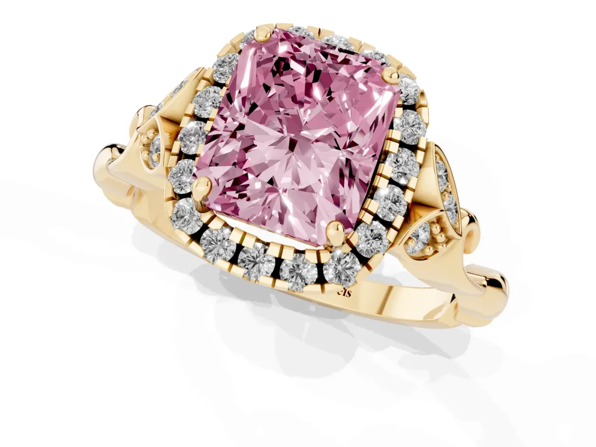 Fancy Pink Radiant Cut Halo Diamond Engagement Ring with Vintage-Inspired Band and Four-Prong Setting Yellow gold