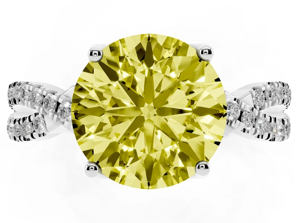 Fancy Yellow Round Cut Solitaire Twist Pave Diamond Engagement Ring with Prong Setting Silver