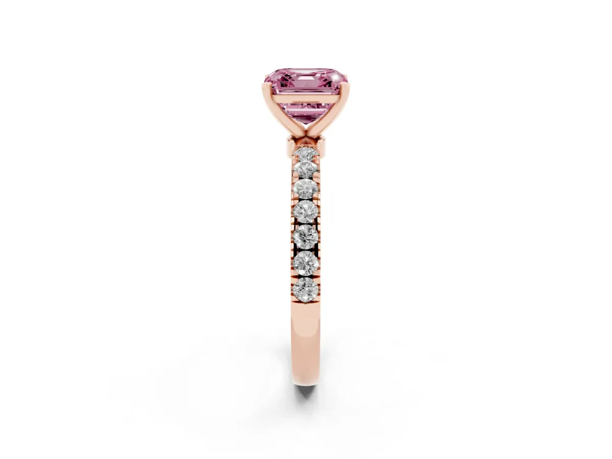 Fancy Pink Asscher Cut Diamond Solitaire Ring with Pavé Accents and Four-Prong Setting Rose gold