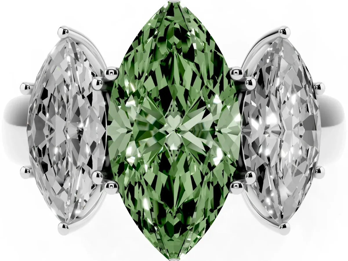 Fancy Green Three-Stone Marquise Cut Cut Diamond Ring with Prong Setting and Classic Band Silver