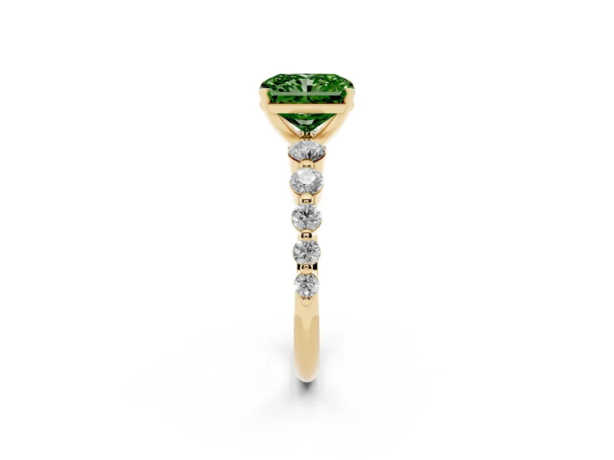 Fancy Green Radiant Cut Solitaire Diamond Ring with Pave Band and Four-Prong Setting Yellow gold