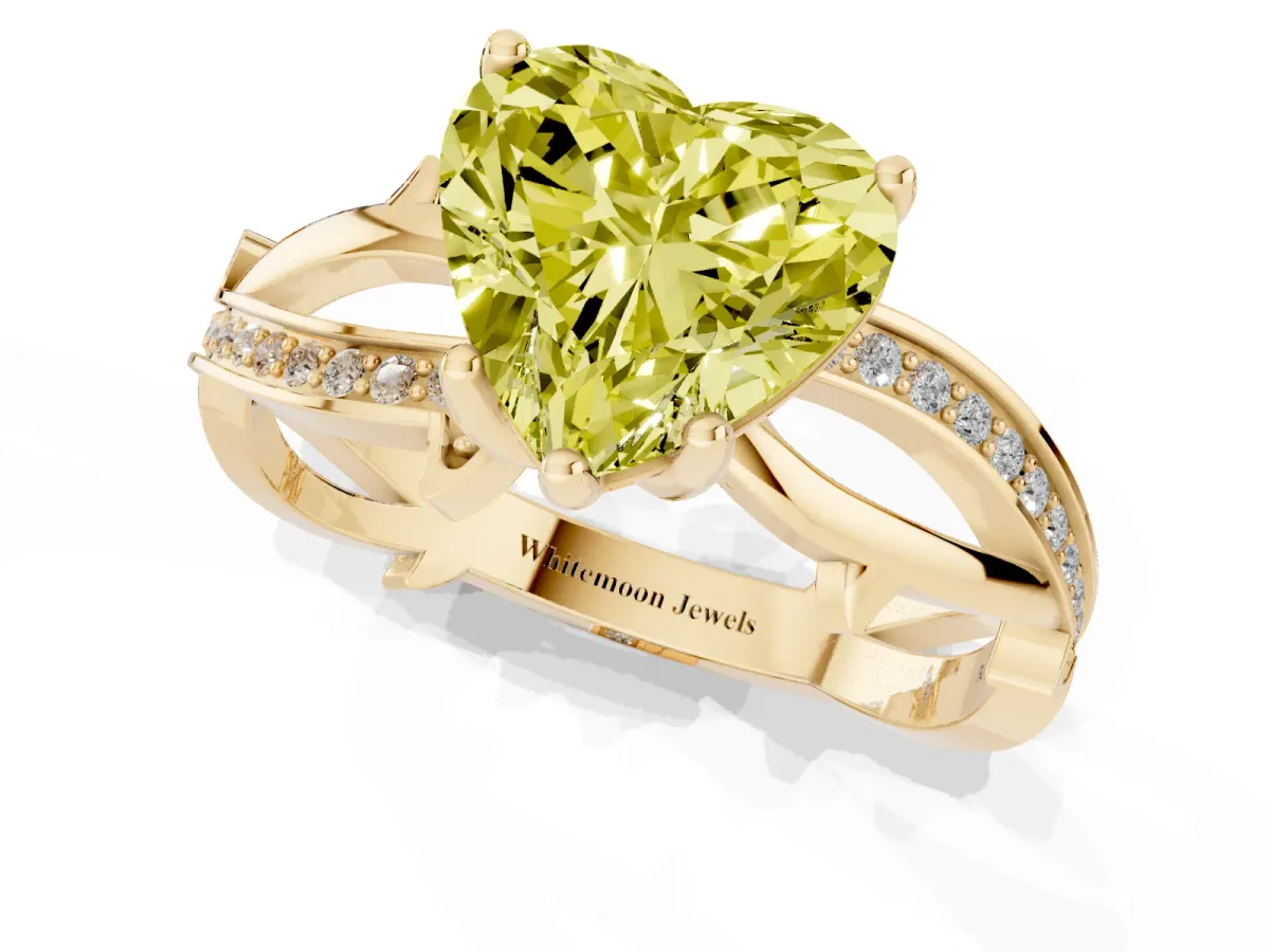 Fancy Yellow Heart Cut Solitaire Twist Band with Pavé Accents and Four-Prong Setting Yellow gold