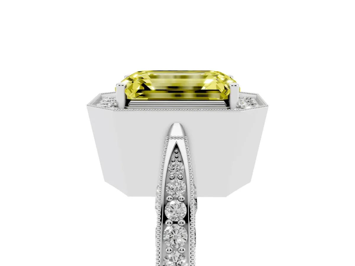Fancy Yellow Emerald Cut Halo Diamond Engagement Ring with Split Shank Band and Four-Prong Setting Silver