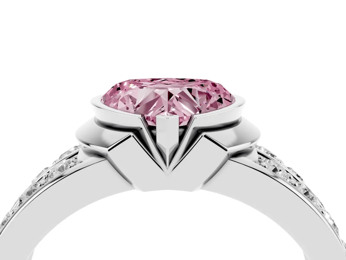 Fancy Pink Heart Cut Brilliant Diamond Channel Set Wide Band Ring with Bezel Setting Platinum