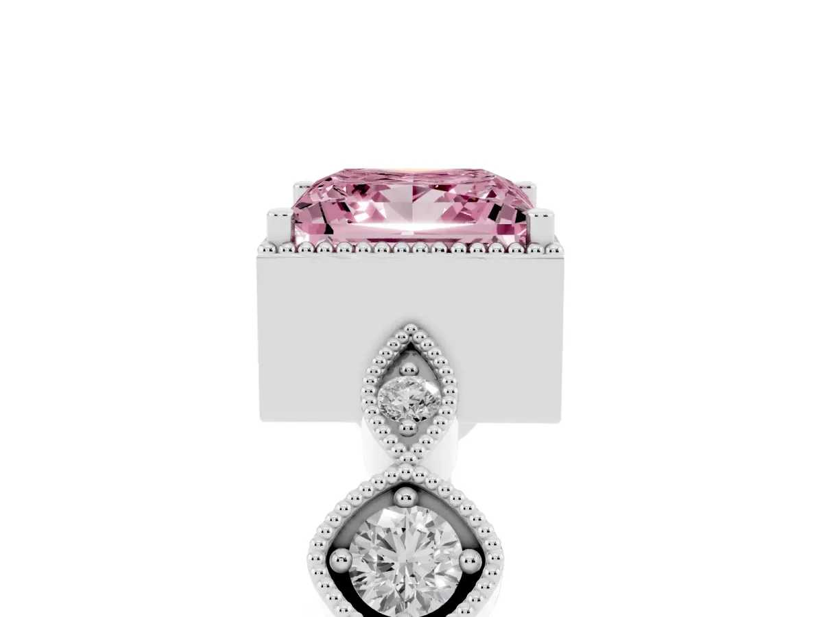 Fancy Pink Princess Cut Diamond Vintage Milgrain Ring with Round Stations Silver