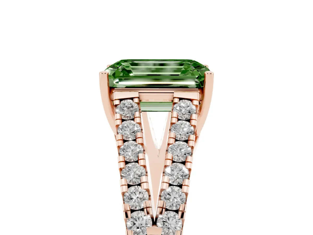 Fancy Green Emerald Cut Diamond Split Shank Engagement Ring with Round Pavé and Prong Setting Rose gold