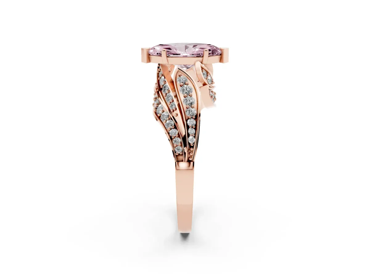Fancy Pink Marquise Cut Diamond Solitaire Ring with Prong Setting and Twisted Pavé Band Rose gold