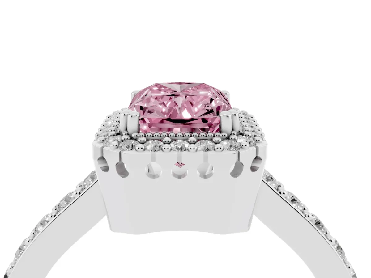 Fancy Pink Radiant Cut Cut Diamond Halo Engagement Ring with Milgrain Detail and Pavé Band Silver