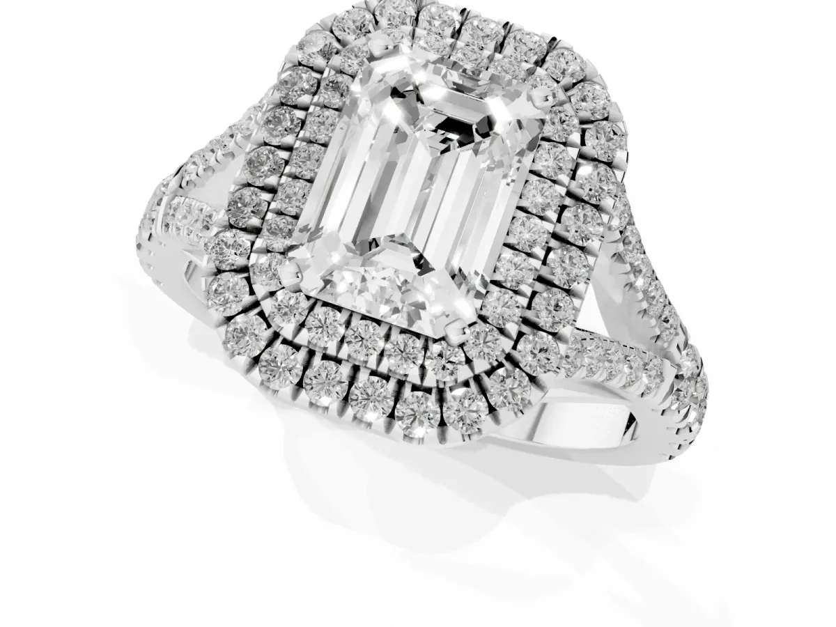 Emerald Cut Diamond Pavé Split Shank Double Halo Engagement Ring Silver