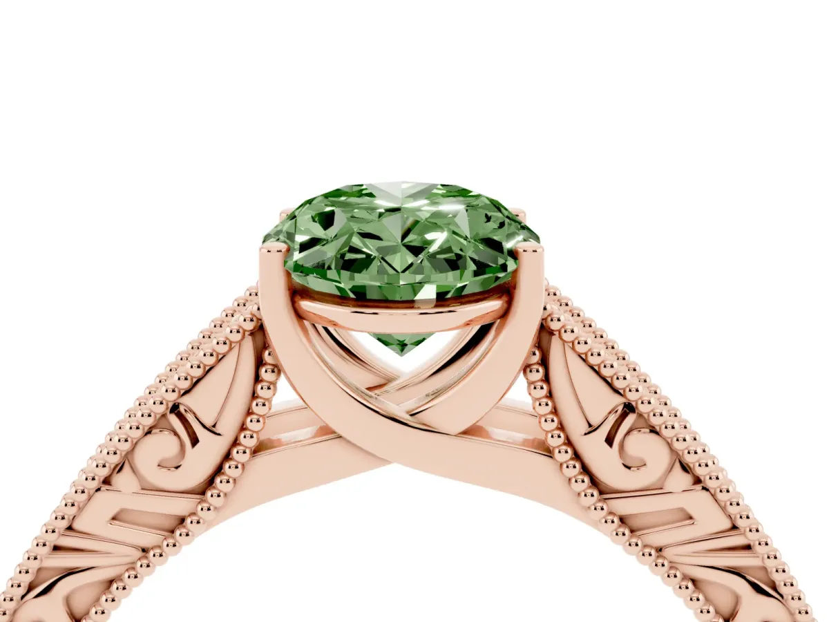 Fancy Green Oval Cut Diamond Solitaire Ring with Engraved Band and Four-Prong Setting Rose gold