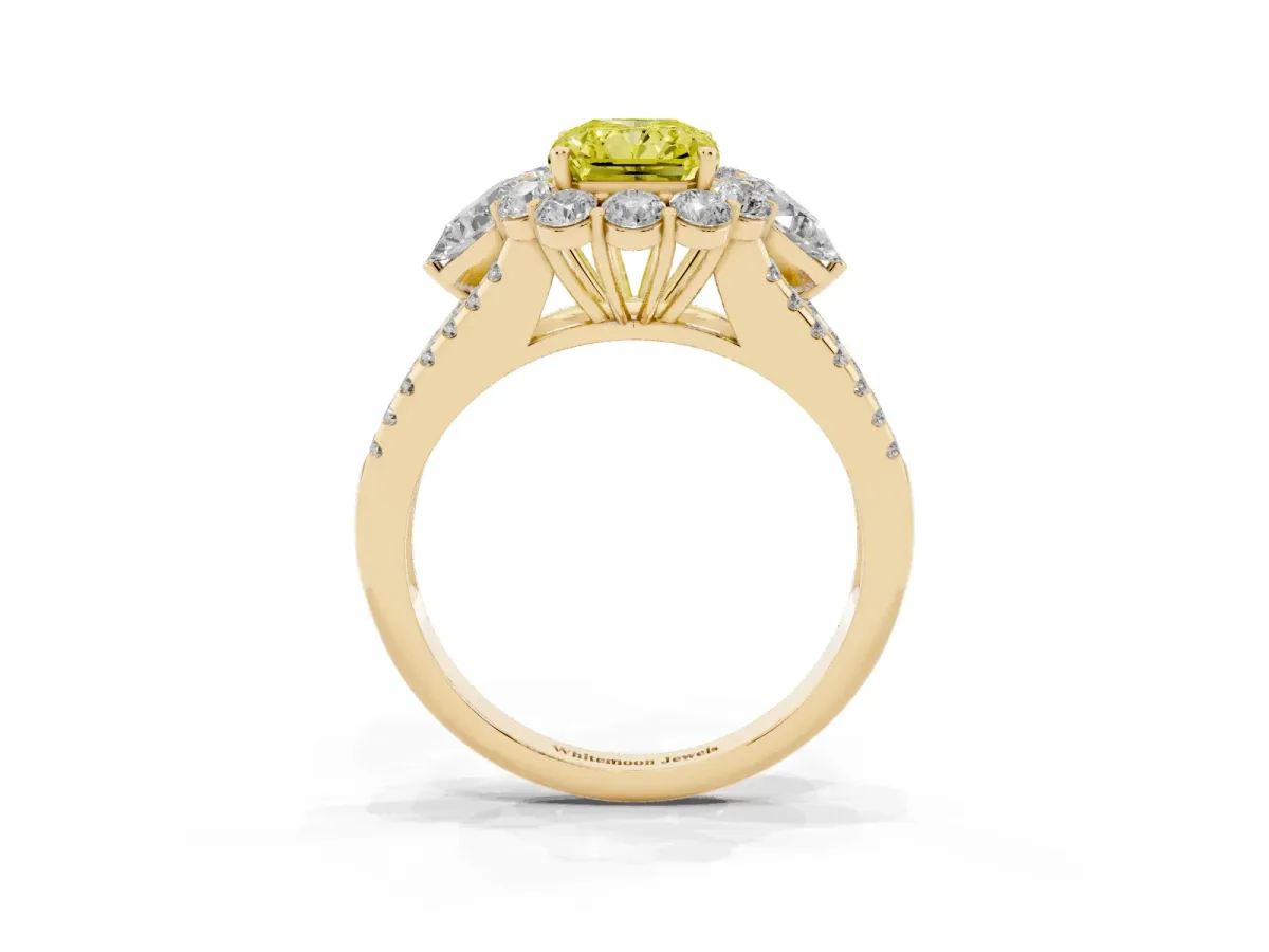 Fancy Yellow Radiant Cut Halo Split Shank Diamond Engagement Ring with Prong Setting Yellow gold