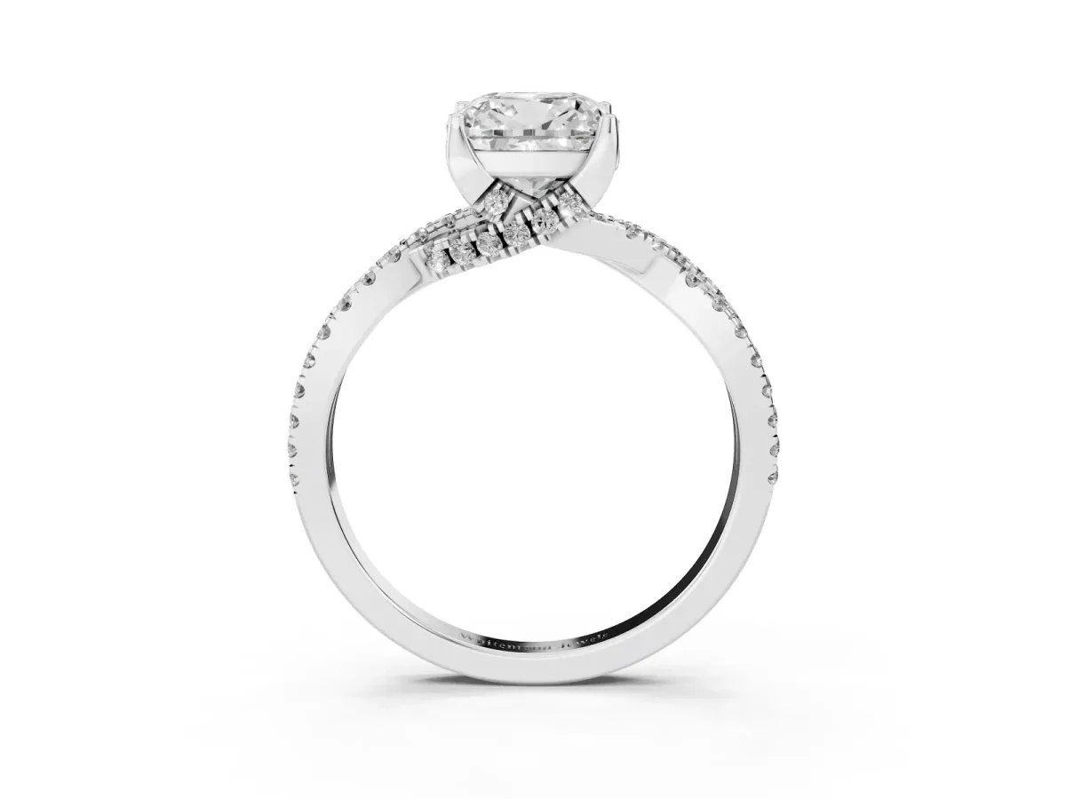 Cushion Cut Solitaire Twist Pave Diamond Engagement Ring with Prong Setting Silver