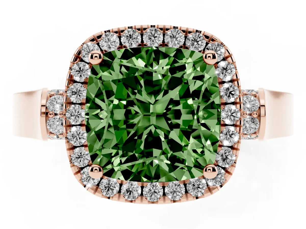 Fancy Green Cushion Cut Halo Pave Split Shank Prong Setting Ring Rose gold