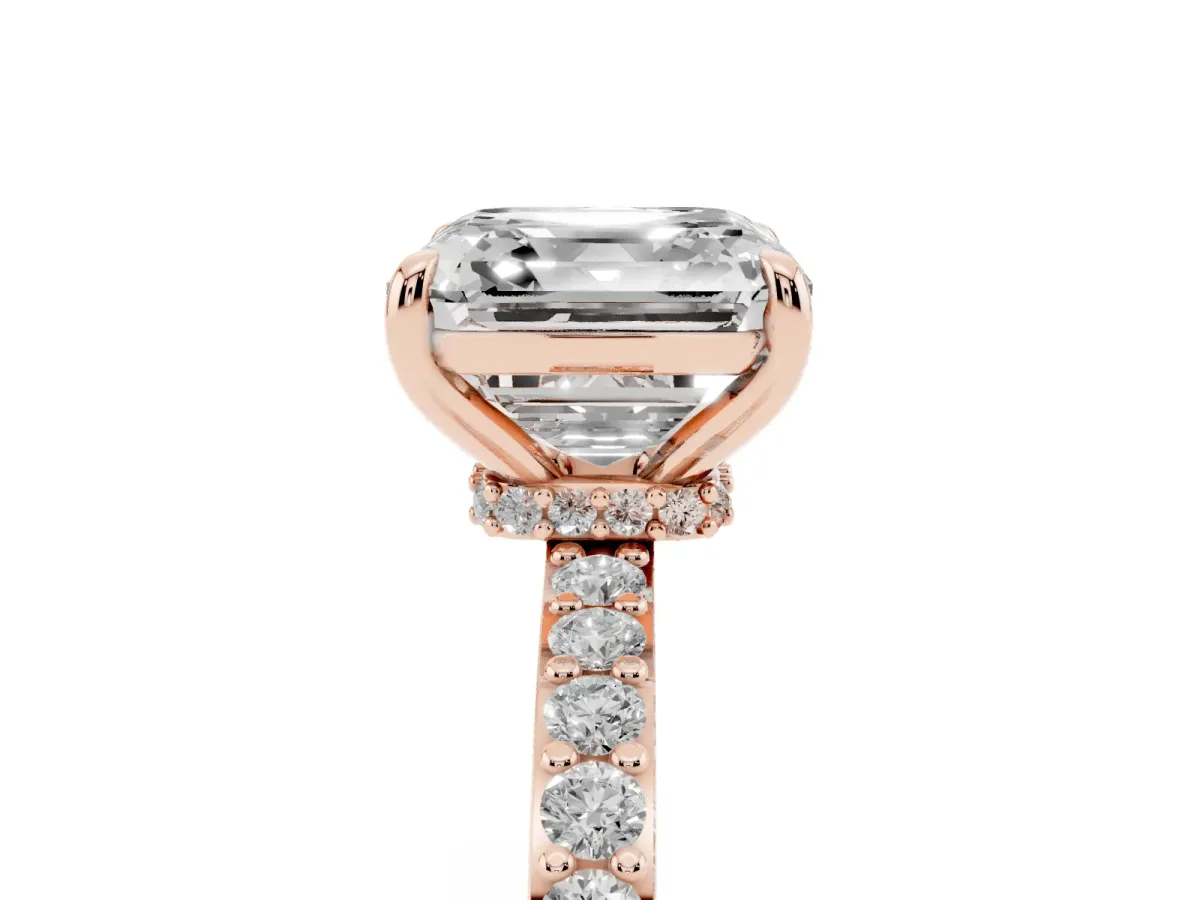 Asscher Cut Diamond Solitaire Engagement Ring with Pavé Band and Four-Prong Setting Rose gold