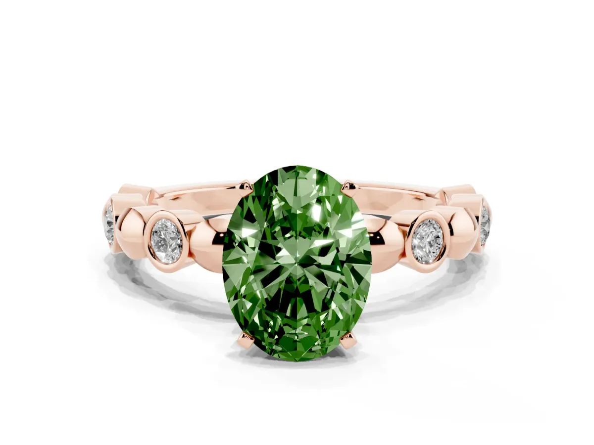 Fancy Green Oval Cut Solitaire Bezel-Set Diamond Ring with Beaded Band and Four-Prong Setting Rose gold