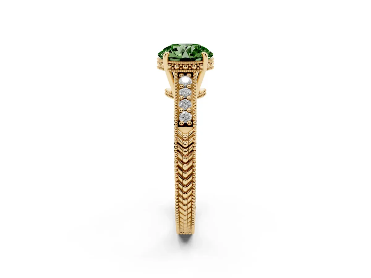Fancy Green Round Cut Solitaire Pavé Diamond Milgrain Engagement Ring with Four-Prong Setting Yellow gold