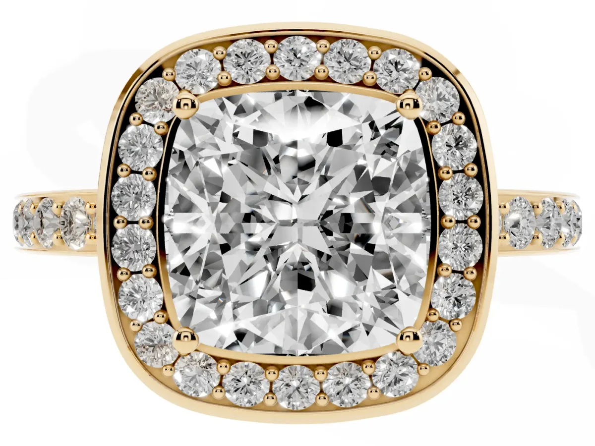 Cushion Cut Diamond Halo Ring with Bezel Frame and Pavé Band Yellow gold