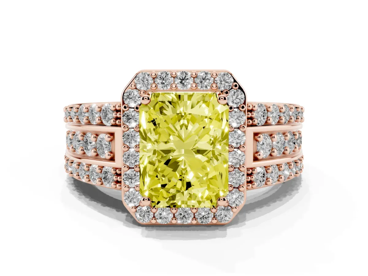 Fancy Yellow Radiant Cut Halo Diamond Ring with Round Split Shank and Prong Setting Rose gold