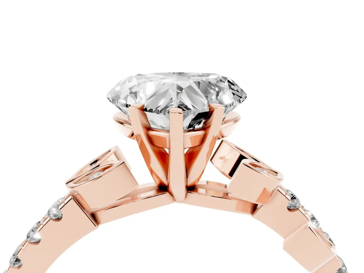 Heart Cut Solitaire Leaf-Inspired Diamond Ring with Pavé Band and Four-Prong Setting Rose gold