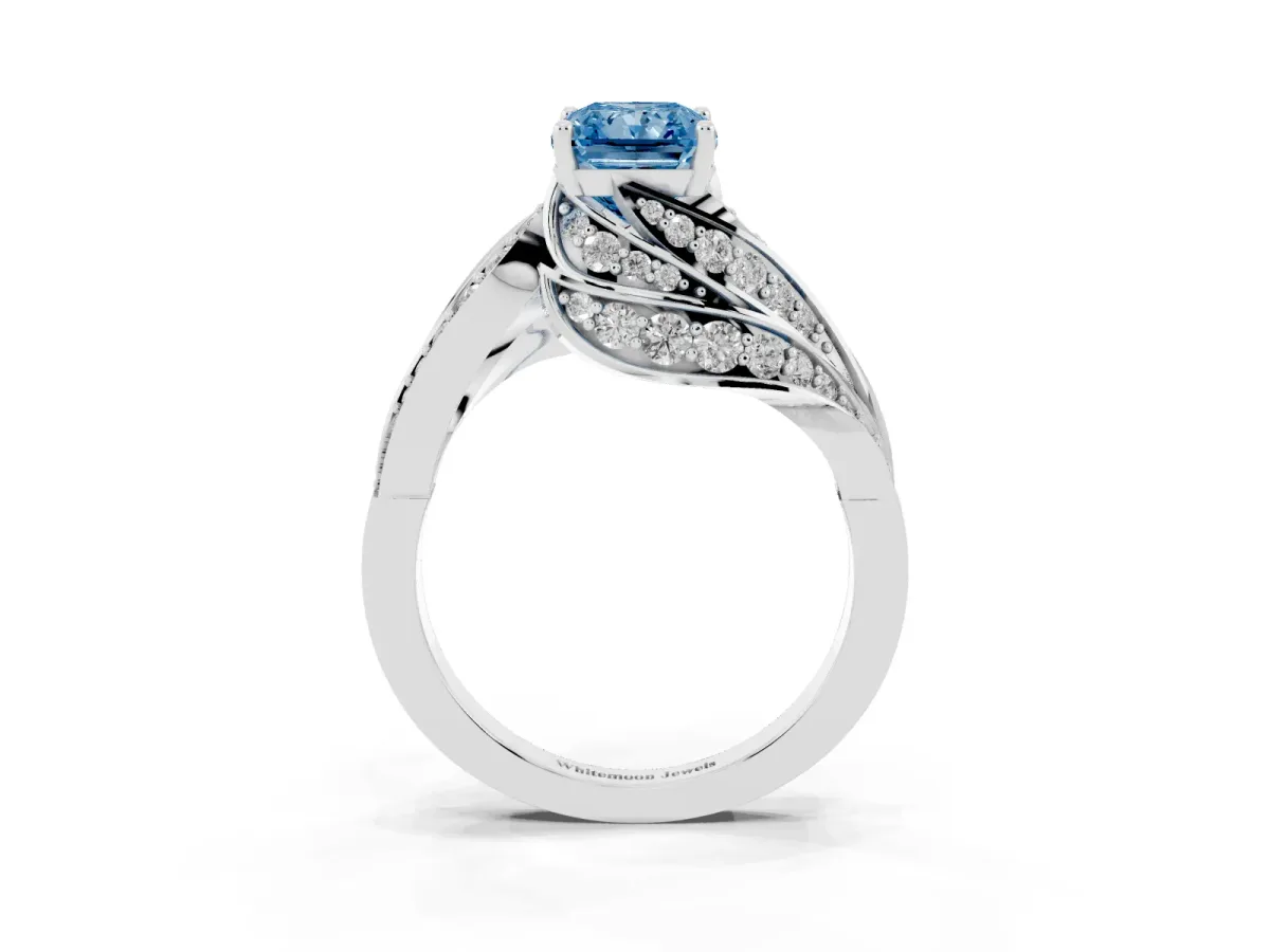Fancy Blue Radiant Cut Diamond Solitaire Ring with Prong Setting and Twisted Pavé Band Silver