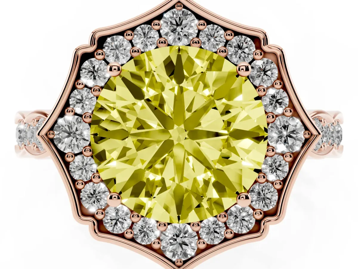 Fancy Yellow Round Cut Halo Diamond Engagement Ring with Milgrain Band and Four-Prong Setting Rose gold