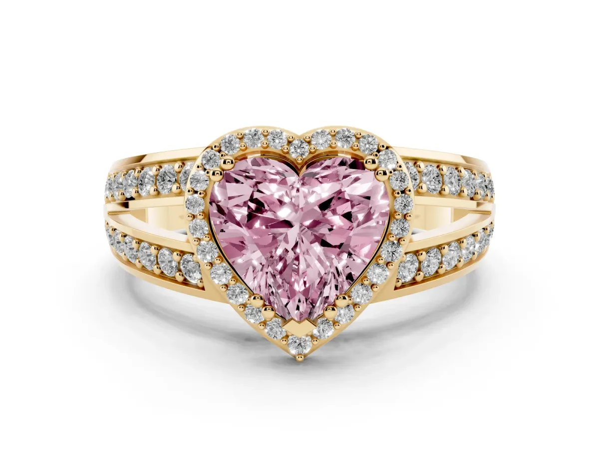 Fancy Pink Heart Cut Diamond Halo Ring with Split Shank Pavé Band and Four-Prong Setting Yellow gold