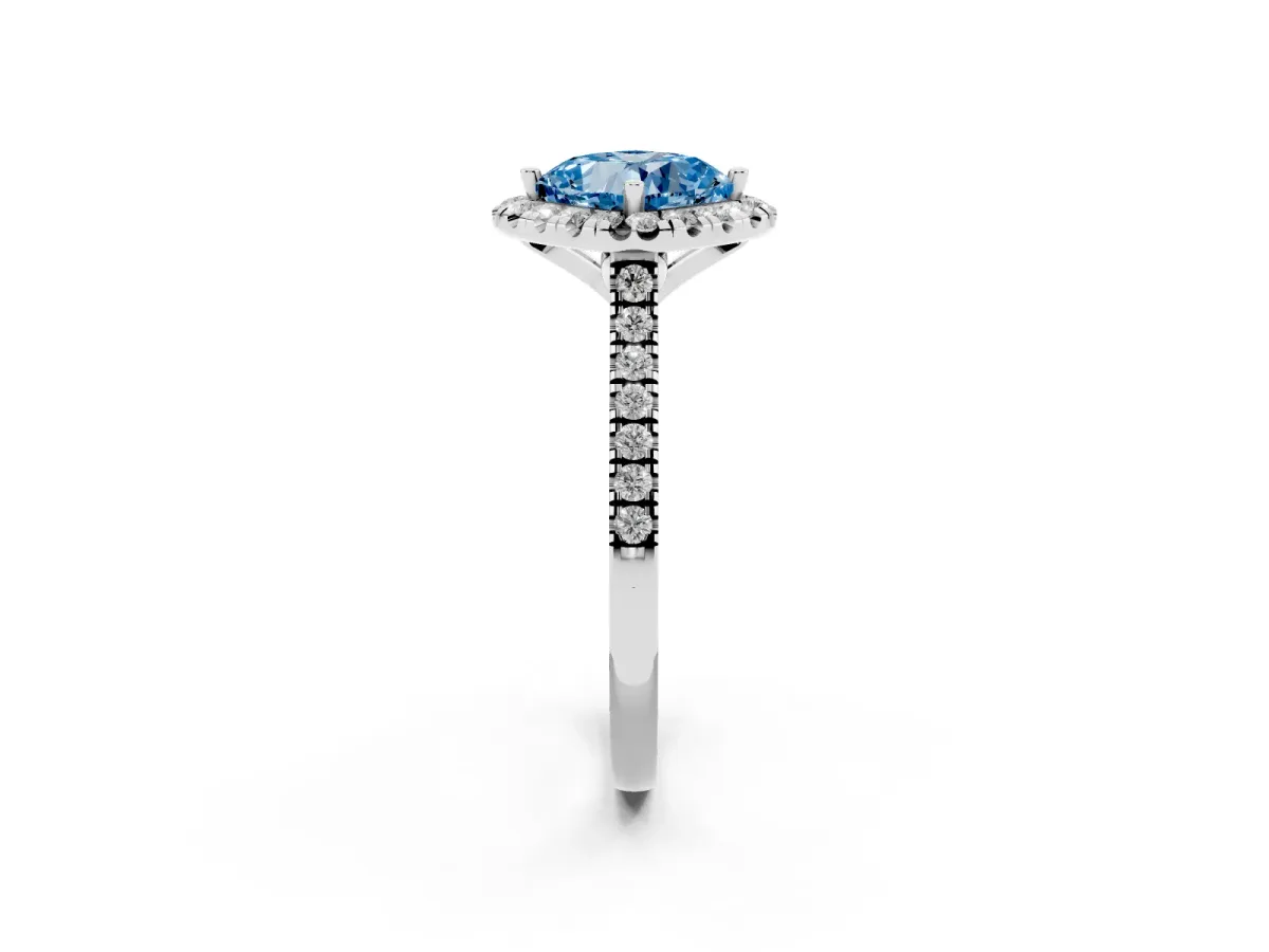 Fancy Blue Cushion Cut Diamond Cushion Halo Ring with Pavé Band Platinum
