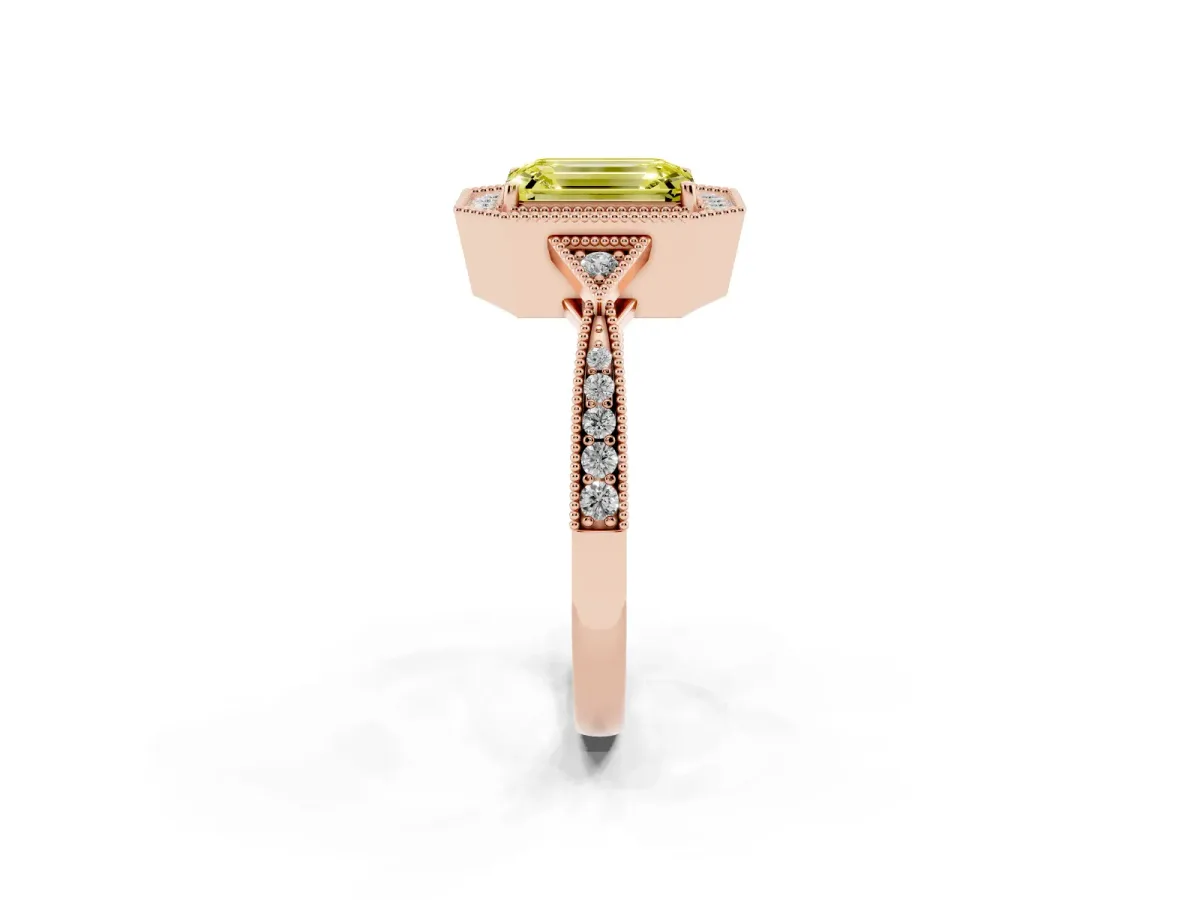 Fancy Yellow Emerald Cut Halo Round Diamond Milgrain Pave Engagement Ring Rose gold