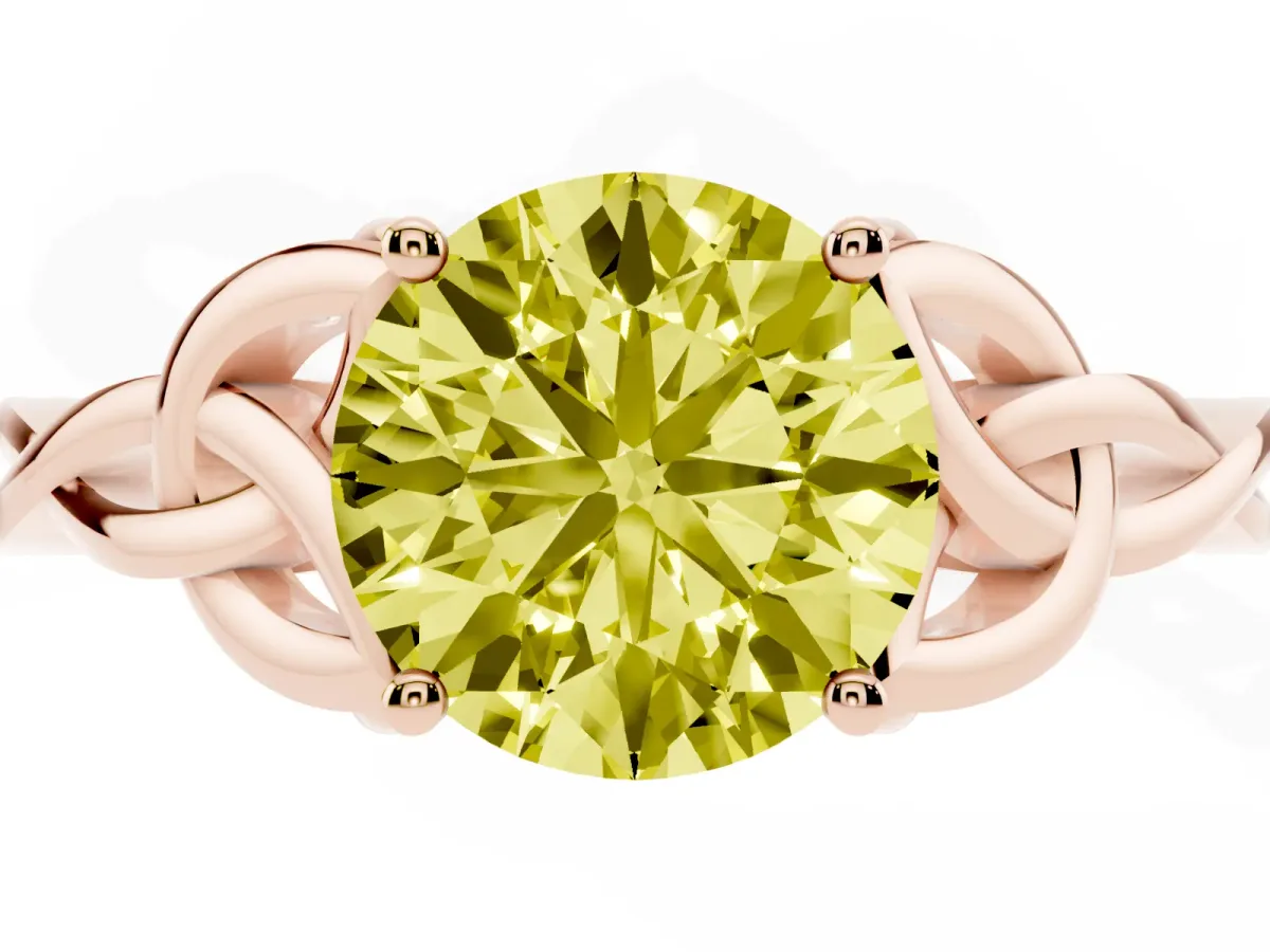 Fancy Yellow Round Cut Diamond Solitaire Engagement Ring with Celtic Knot Band and Four-Prong Setting Rose gold