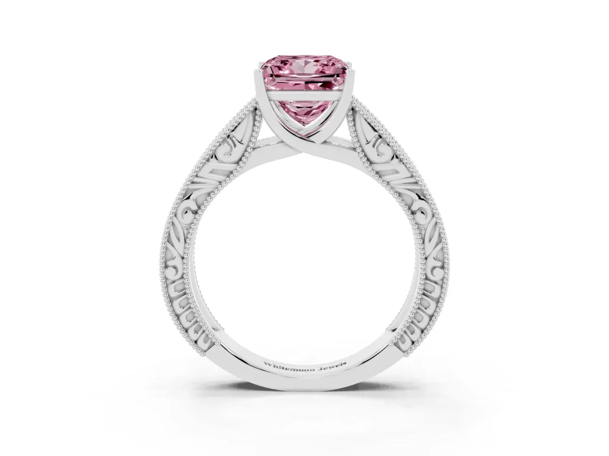 Fancy Pink Princess Cut Diamond Solitaire Ring with Engraved Band and Four-Prong Setting White gold