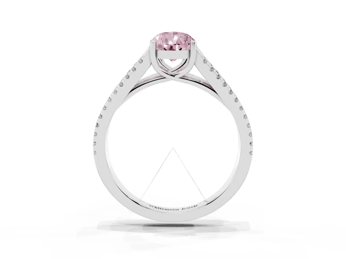 Fancy Pink Pear Cut Diamond Solitaire Engagement Ring with Split Shank Pavé Band Silver