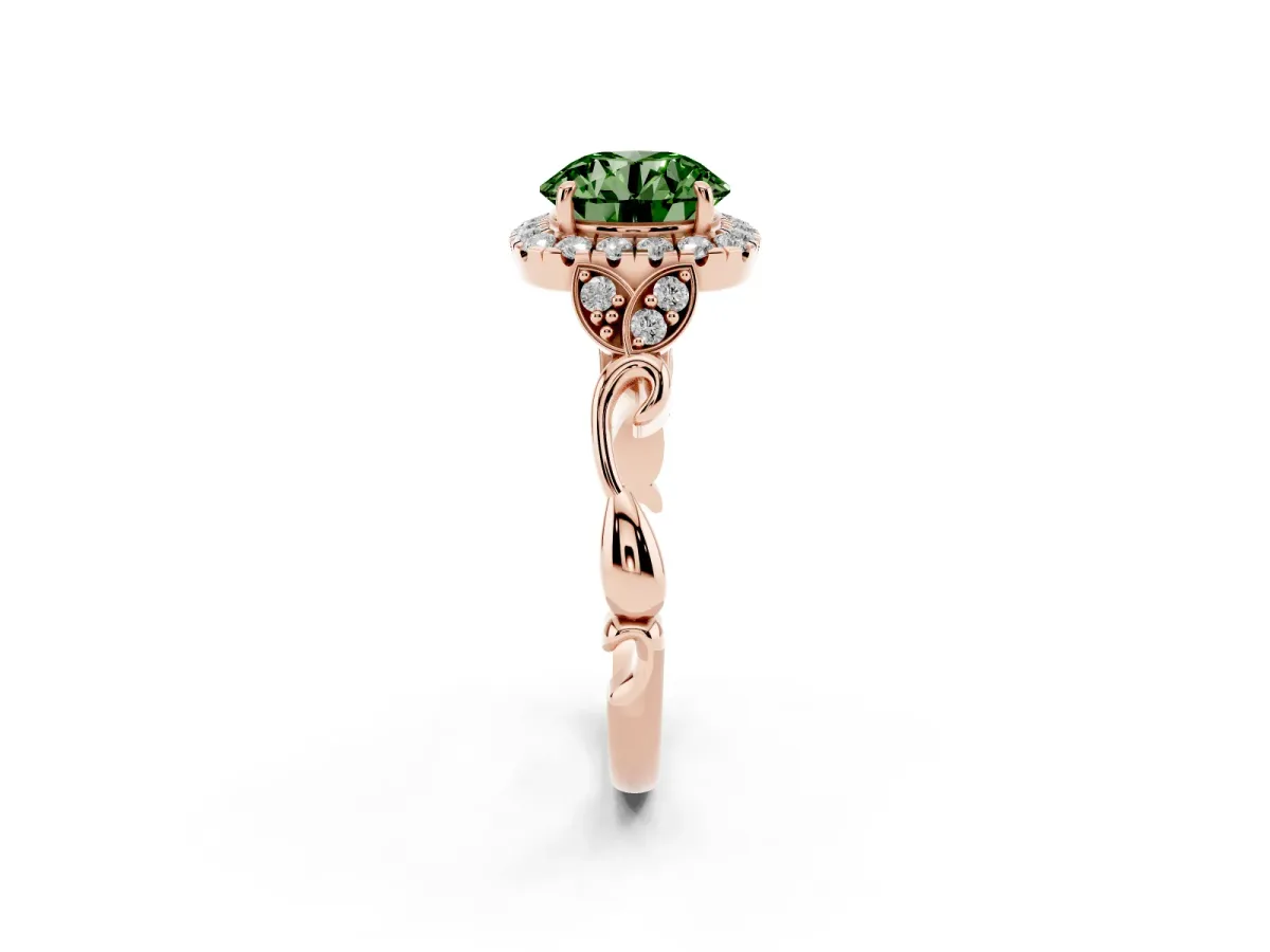 Fancy Green Round Cut Halo Diamond Engagement Ring with Vintage-Inspired Band and Four-Prong Setting Rose gold