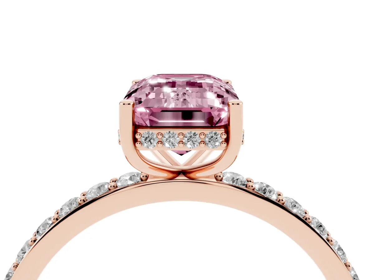 Fancy Pink Emerald Cut Diamond Solitaire Ring with Pavé Band and Hidden Halo Rose gold