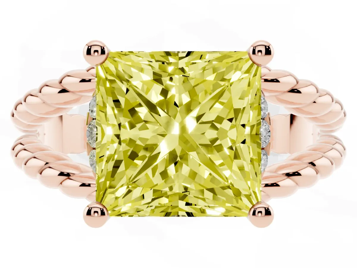 Fancy Yellow Princess Cut Halo Twisted Band Four-Prong Ring Rose gold