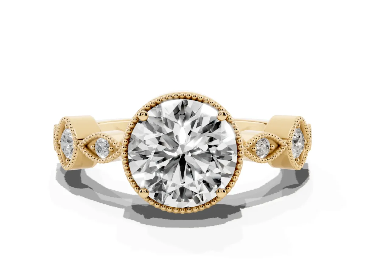Round Cut Diamond Vintage Milgrain Ring with Round Stations Yellow gold