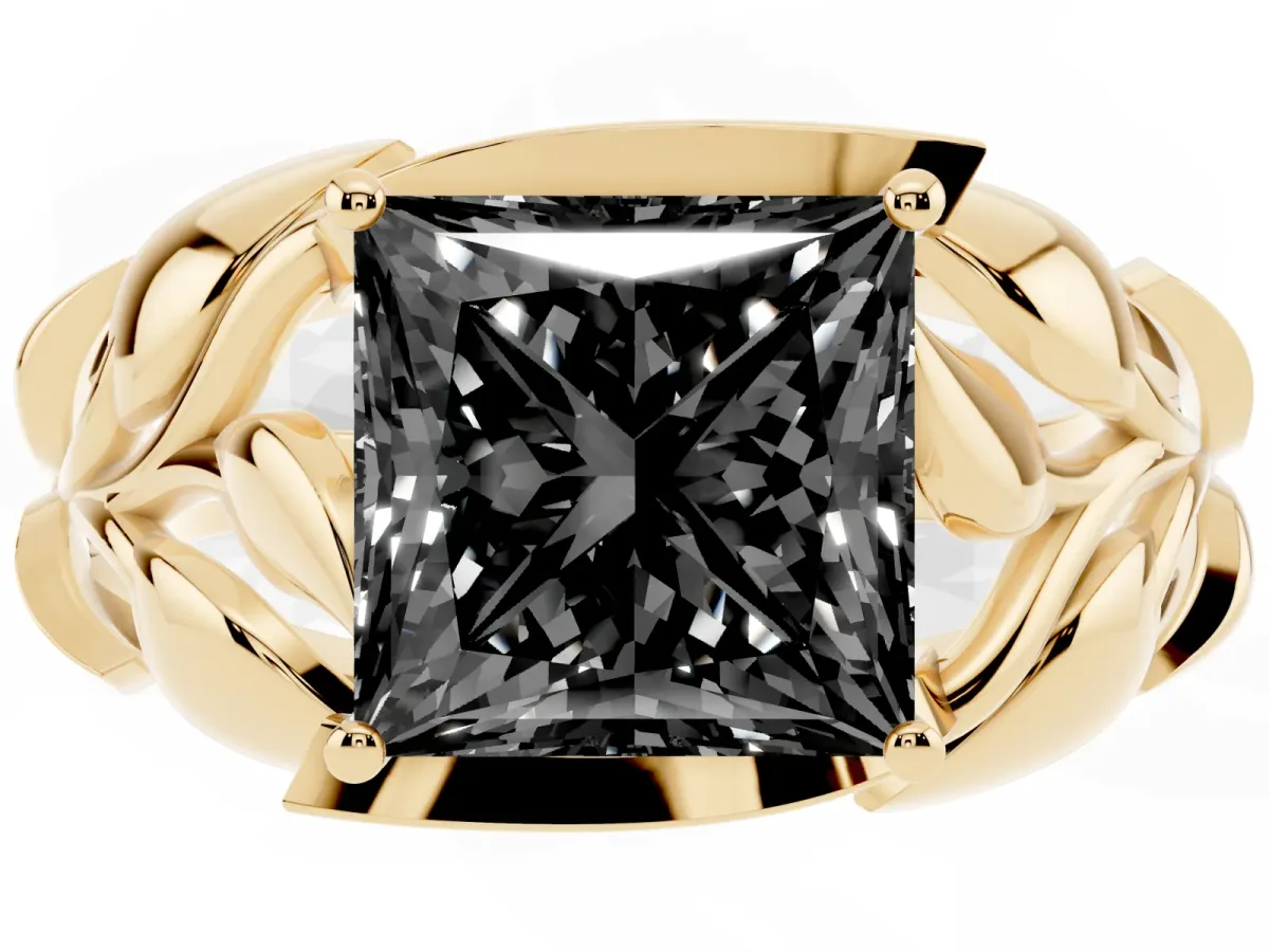 Fancy Black Princess Cut Diamond Leaf-Inspired Engagement Ring with Round Accents and Prong Setting Yellow gold