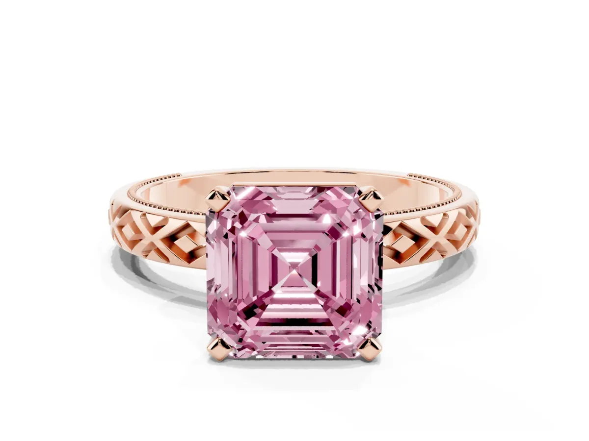 Fancy Pink Asscher Cut Solitaire Diamond Ring with Milgrain and Black Enamel X Pattern Band Rose gold
