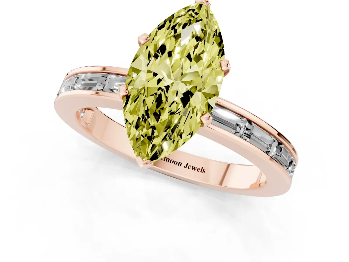 Fancy Yellow Marquise Cut Solitaire Diamond Ring with Channel-Set Baguette Band and Four-Prong Setting Rose gold