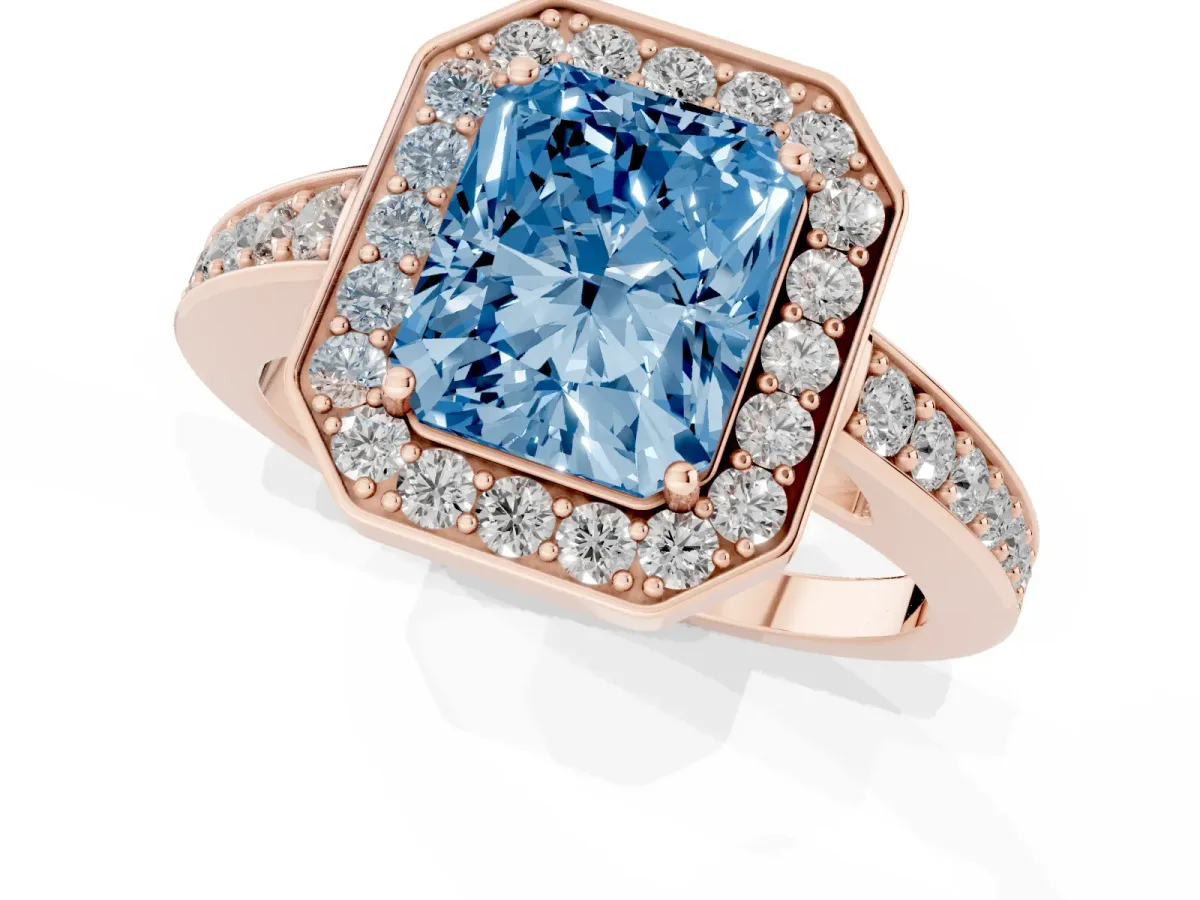 Fancy Blue Radiant Cut Halo Pavé Diamond Engagement Ring with Bezel Setting Rose gold
