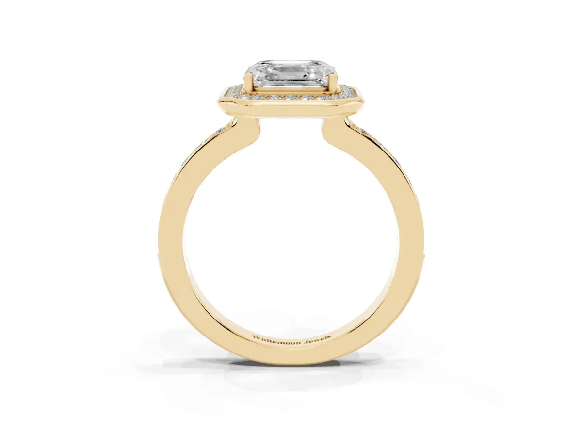 Asscher Cut Diamond Halo Ring with Bezel Frame and Pavé Band Yellow gold