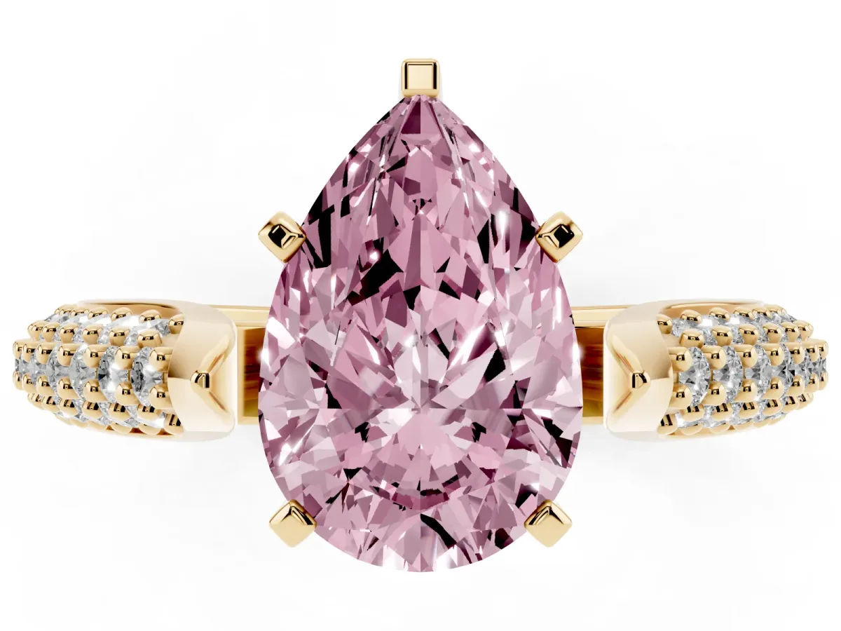 Fancy Pink Pear Cut Diamond Solitaire Engagement Ring with Multi-Row Round Pavé Band and Prong Setting Yellow gold