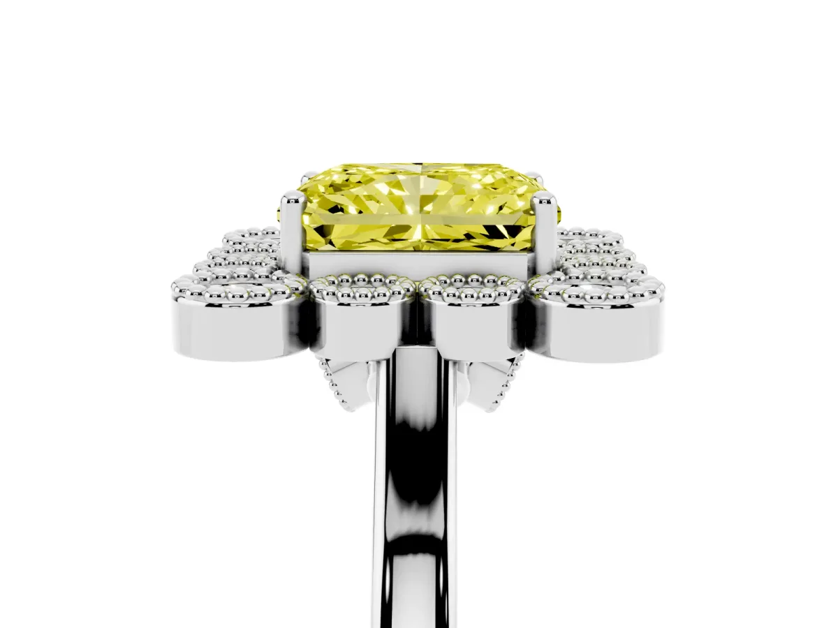 Fancy Yellow Radiant Cut Halo Diamond Cluster Engagement Ring with Milgrain Bezel Setting and Solitaire Band Silver