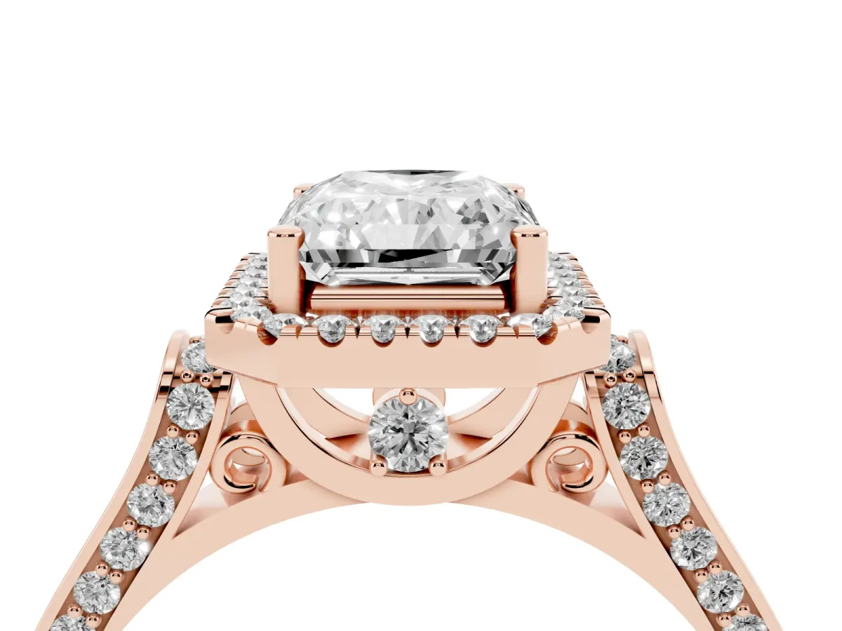 Radiant Cut Halo Pave Split Shank Prong Setting Ring Rose gold