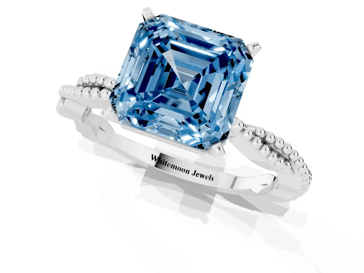 Fancy Blue Asscher Cut Solitaire Twisted Band with Bead Prong Setting White gold